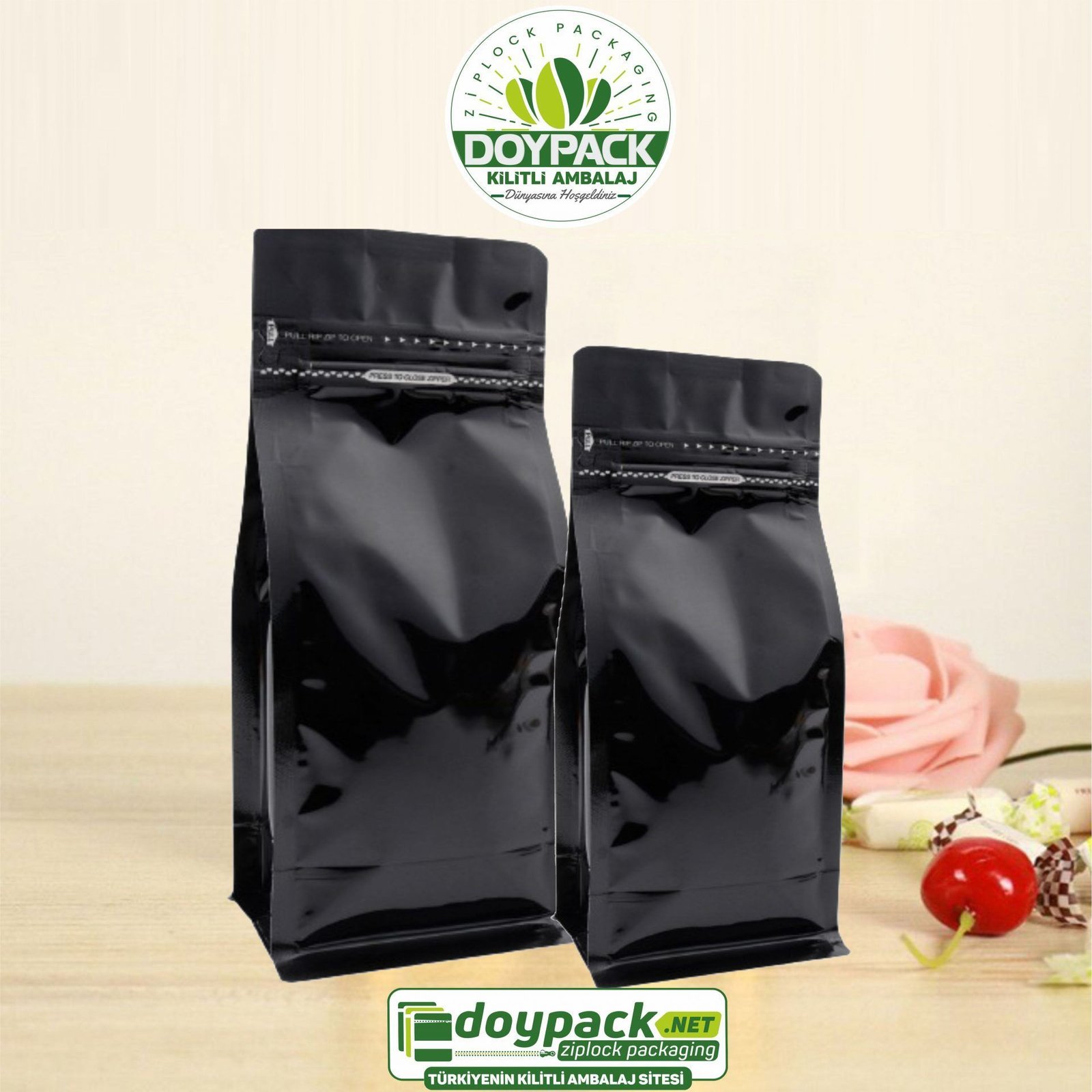 Parlak Siyah Kilitli Flat Bottom Valfli Torba - Görsel 3