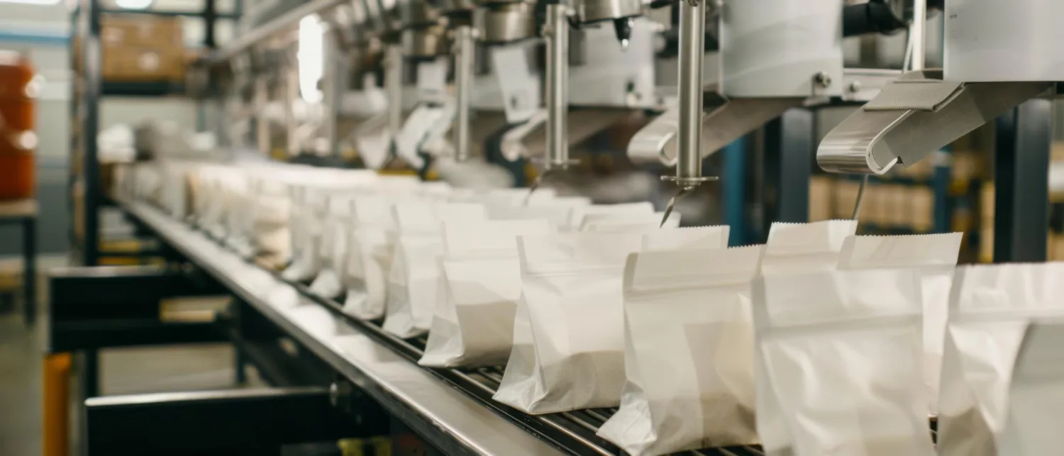 Doypack dolum hattında ambalajlar konveyör üzerinde